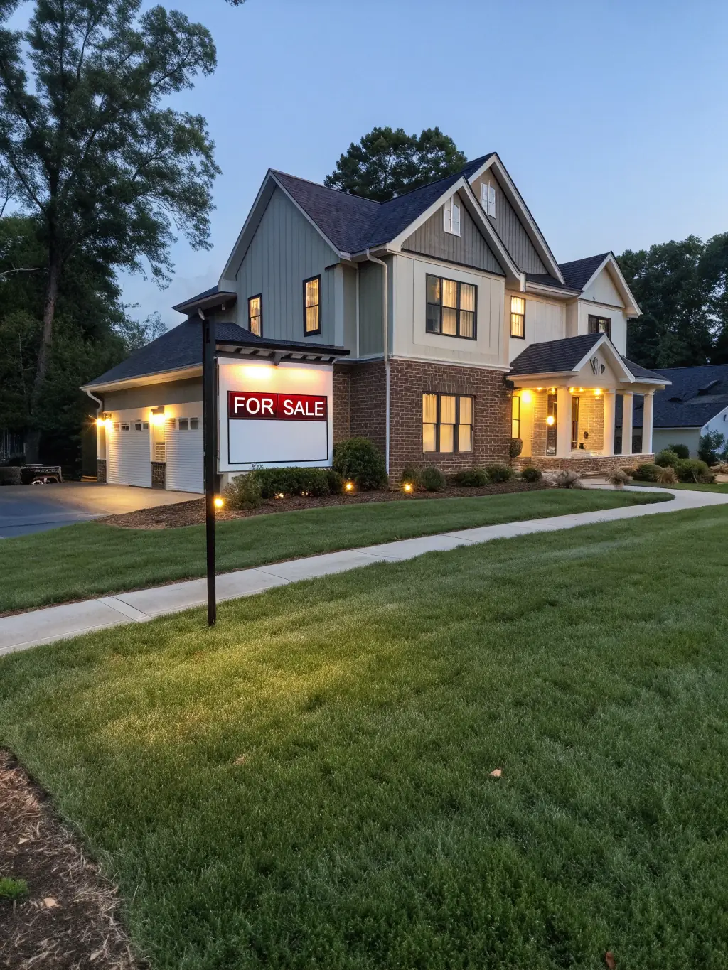 A modern, detached new build home with a manicured lawn and a 'For Sale' sign, emphasizing curb appeal and family-friendly design.