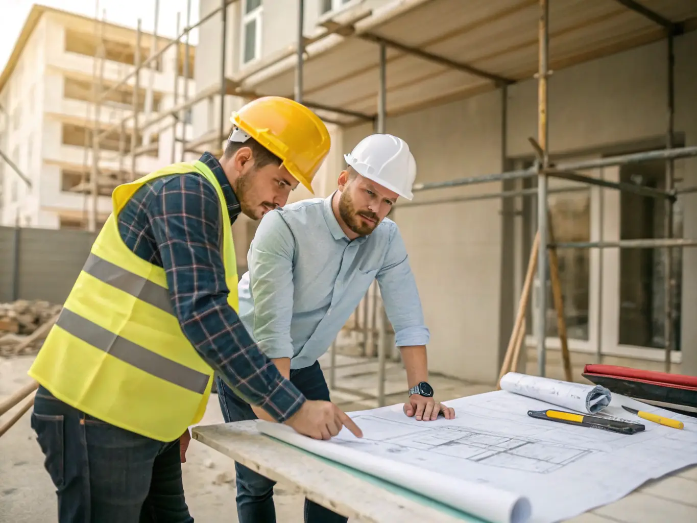 A professional builder reviewing blueprints with an Evergreen Building representative, highlighting the expert advice and support offered.