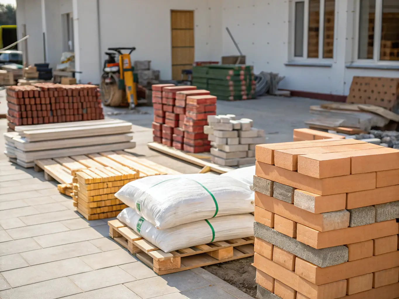 A construction site with various building materials neatly organized, showcasing the wide range of supplies available through Evergreen Building.