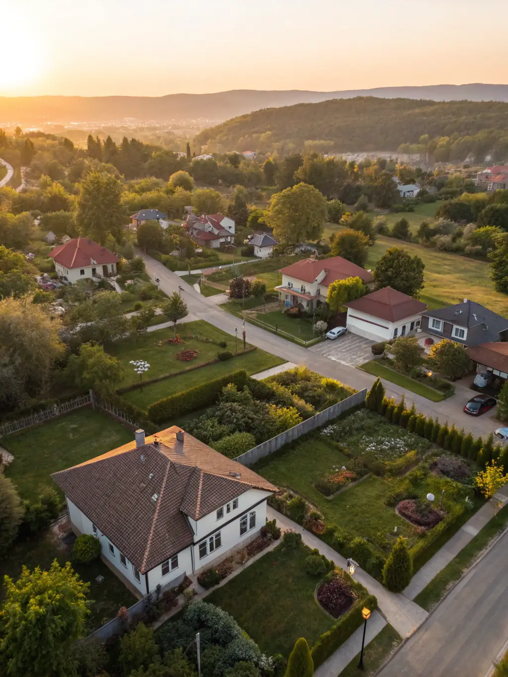 An aerial view of a modern housing development with various house types, showcasing community planning and green spaces.